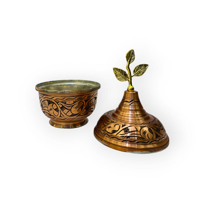 Engraved Antique Leaf Design Copper Sugar Bowl - Turkish Gift Buy