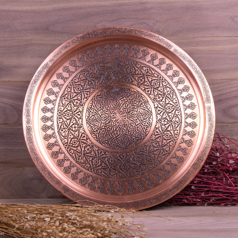 Engraved Antique Round Copper Tray - Turkish Gift Buy