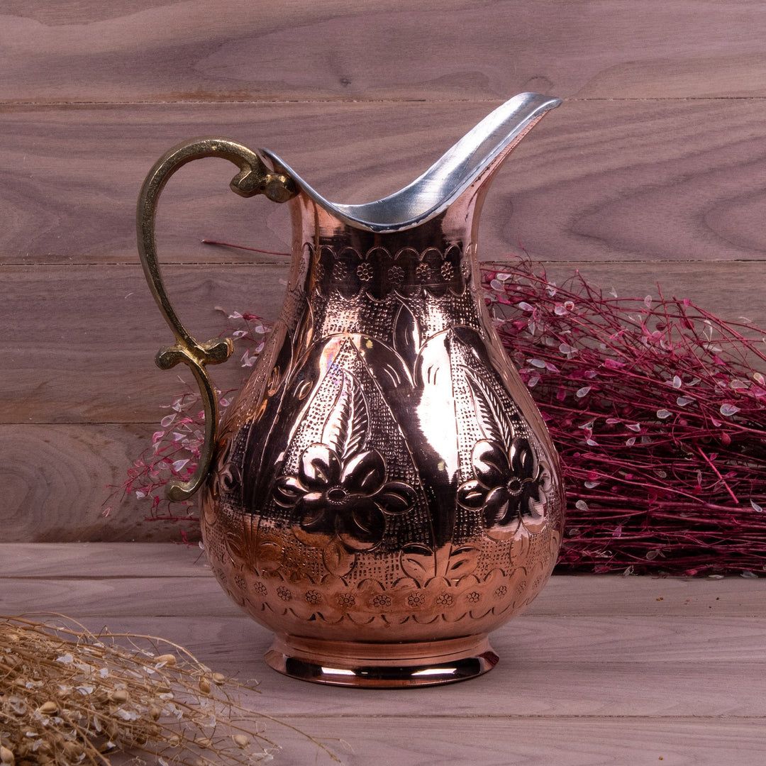 Indian Embossed Finish copper travel outlets Jug Copper Pitcher Hammered Finished Capacity 50 Ounce Pitcher with 6 Glass