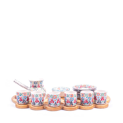 Turkish Ceramic Handmade Coffee Set Of Eight With Wooden Tray - Turkish Gift Buy