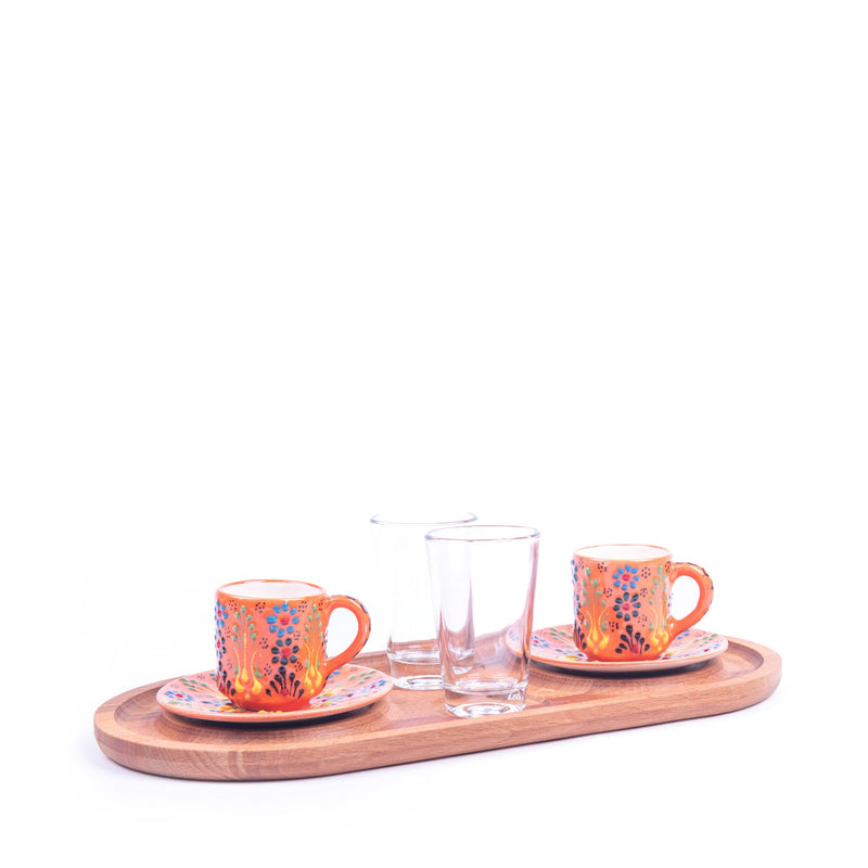 Turkish Ceramic Handmade Coffee Set Of Two With Tray - Orange - Turkish Gift Buy