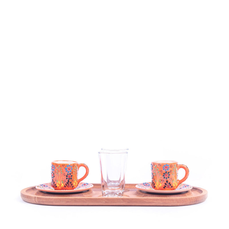 Turkish Ceramic Handmade Coffee Set Of Two With Tray - Orange - Turkish Gift Buy