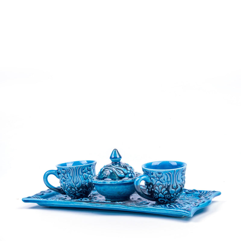 Turkish Ceramic Handmade Coffee Set Of Two With Tray - Turquoise - Turkish Gift Buy