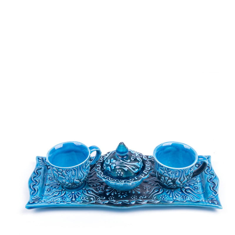 Turkish Ceramic Handmade Coffee Set Of Two With Tray - Turquoise - Turkish Gift Buy