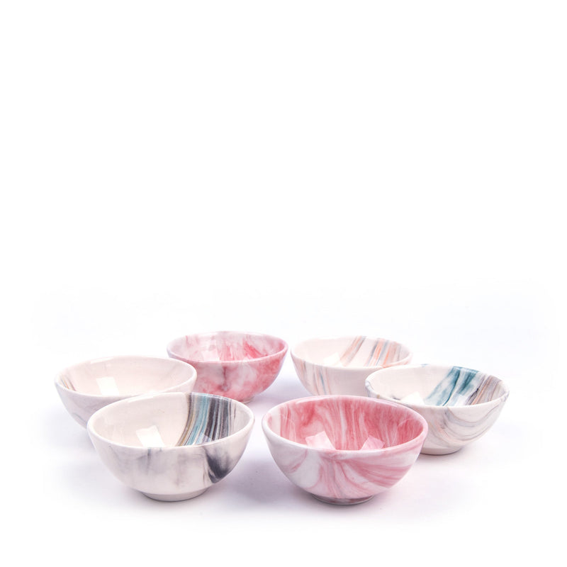 Turkish Ceramic Handmade Marbled Bowl Set Of Six - Red - 8 cm (3.2&