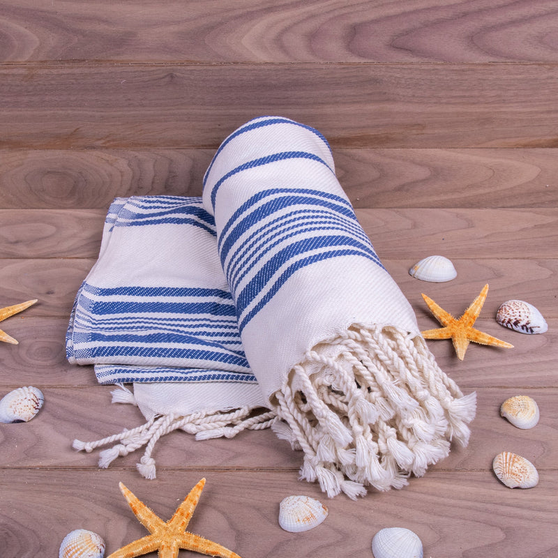 Turkish Towel, Black & White Striped Peshtemal, Blue - Turkish Gift Buy